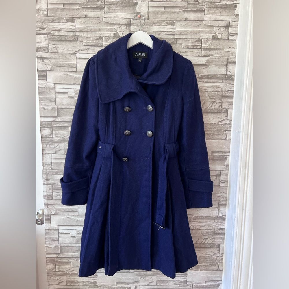 Apt9 Blue Purple Double Breasted Button Down Wool Blend Pea Coat Belted Jacket S